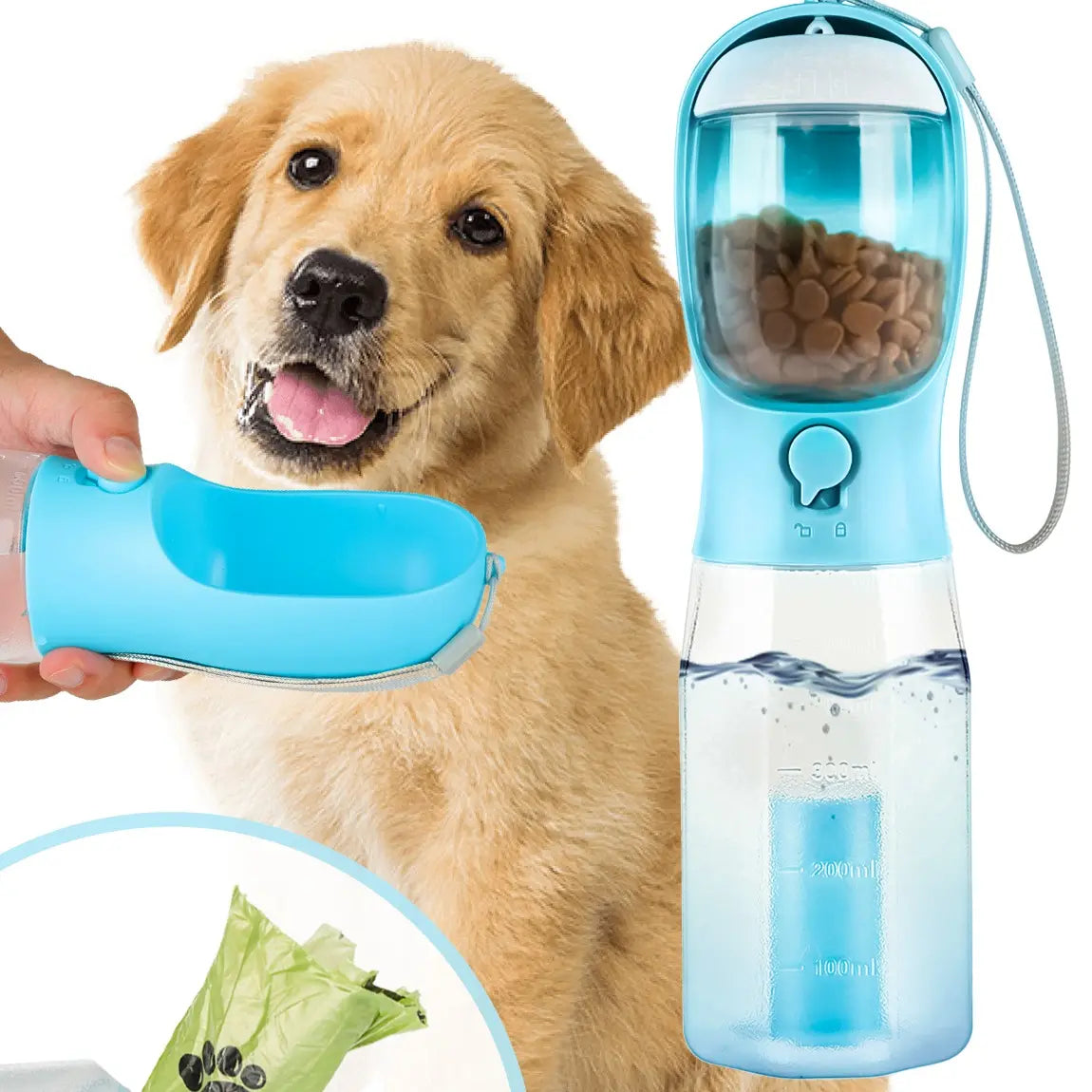 3In1 Pet Water Bottle with Built-In Filtration - 20Oz Leak-Proof Design Container, Easy-To-Use, Built-In Poop Bag Dispenser, Food Storage, Ideal for Travel, Hiking (Dog & Cat Feeding Supplies)