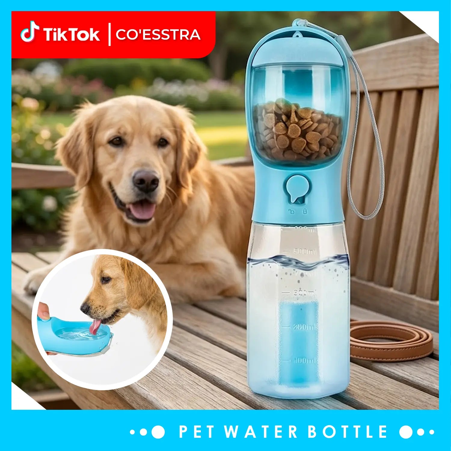 3In1 Pet Water Bottle with Built-In Filtration - 20Oz Leak-Proof Design Container, Easy-To-Use, Built-In Poop Bag Dispenser, Food Storage, Ideal for Travel, Hiking (Dog & Cat Feeding Supplies)