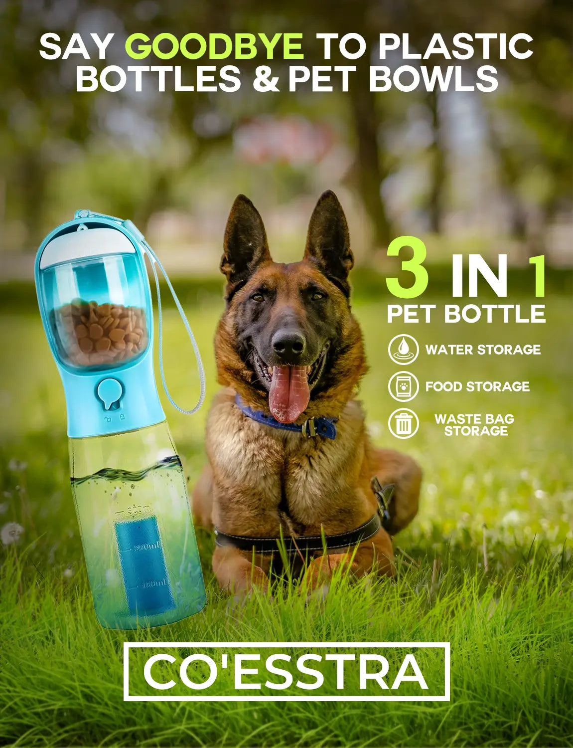 3In1 Pet Water Bottle with Built-In Filtration - 20Oz Leak-Proof Design Container, Easy-To-Use, Built-In Poop Bag Dispenser, Food Storage, Ideal for Travel, Hiking (Dog & Cat Feeding Supplies)