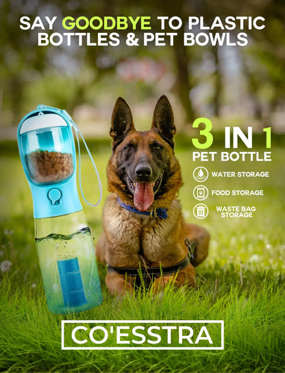 3In1 Pet Water Bottle with Built-In Filtration - 20Oz Leak-Proof Design Container, Easy-To-Use, Built-In Poop Bag Dispenser, Food Storage, Ideal for Travel, Hiking (Dog & Cat Feeding Supplies)