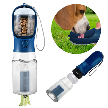 3In1 Pet Water Bottle with Built-In Filtration - 20Oz Leak-Proof Design Container, Easy-To-Use, Built-In Poop Bag Dispenser, Food Storage, Ideal for Travel, Hiking (Dog & Cat Feeding Supplies)