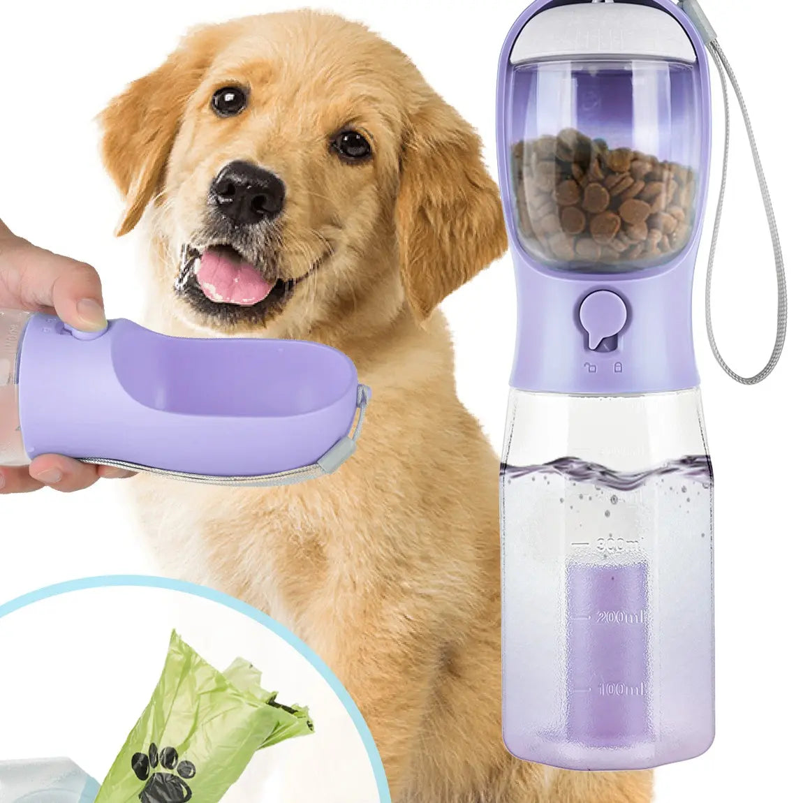 3In1 Pet Water Bottle with Built-In Filtration - 20Oz Leak-Proof Design Container, Easy-To-Use, Built-In Poop Bag Dispenser, Food Storage, Ideal for Travel, Hiking (Dog & Cat Feeding Supplies)