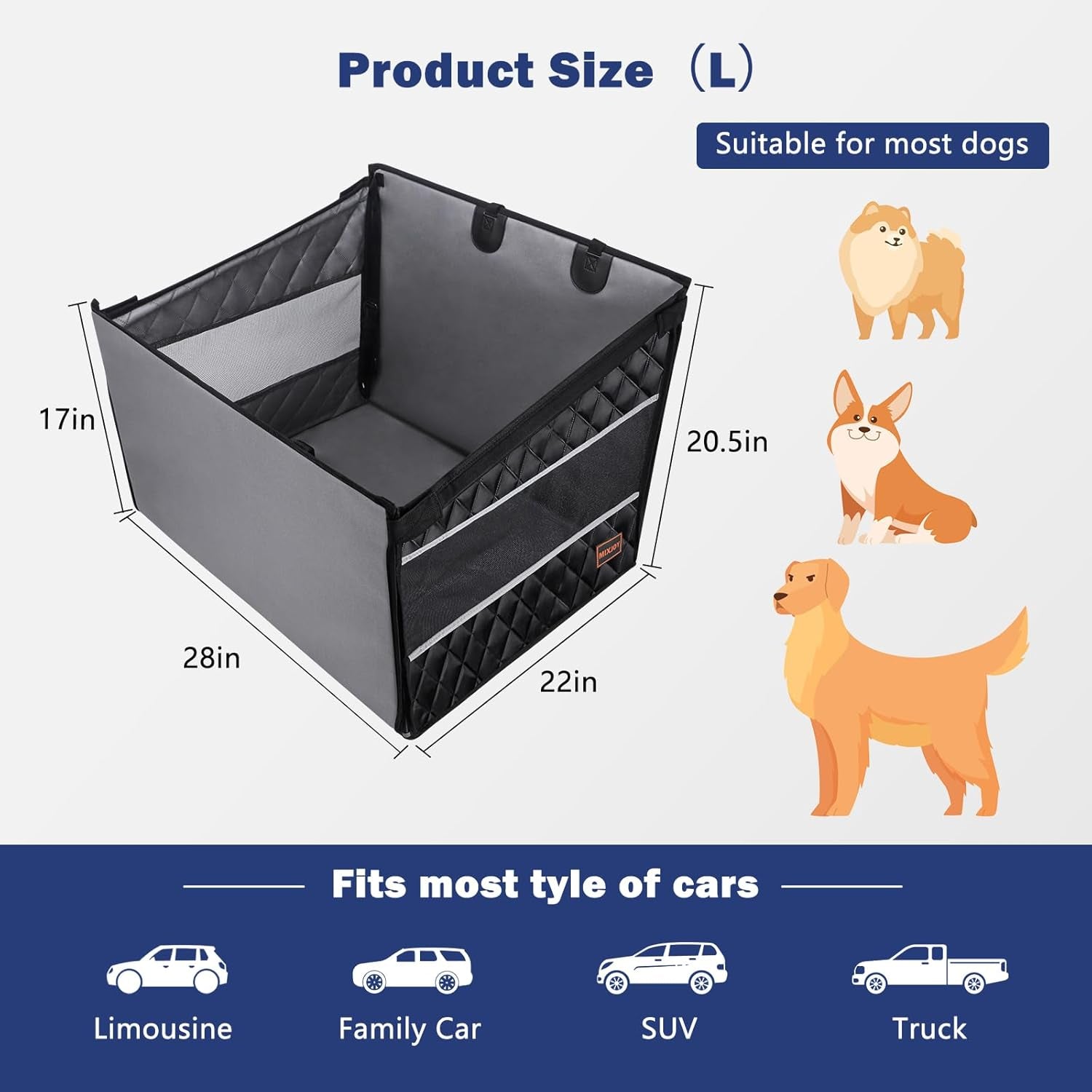 Dog Car Seat for Large Medium Dogs, Back Seat Extender for Pets, Waterproof Pet Carseat for Medium Sized Dog, Hammock for Pet, with Storage Pocket for Cars/Suv/Truck(L-28 * 22 * 20.5In)