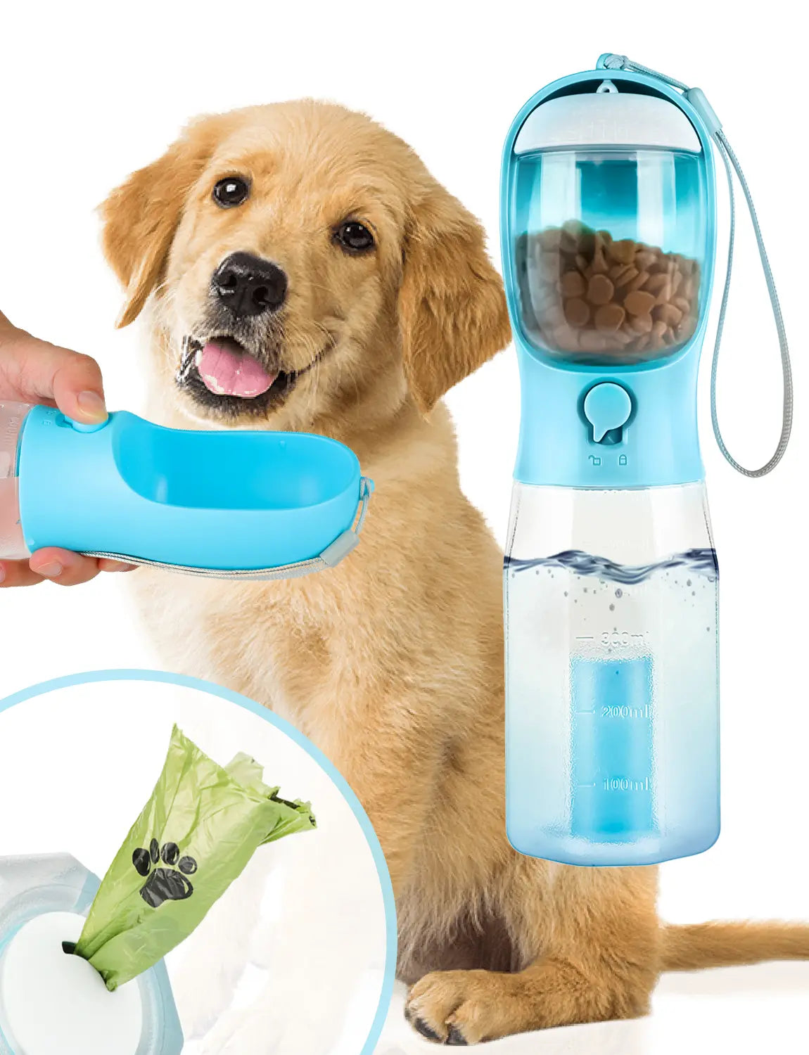 3In1 Pet Water Bottle with Built-In Filtration - 20Oz Leak-Proof Design Container, Easy-To-Use, Built-In Poop Bag Dispenser, Food Storage, Ideal for Travel, Hiking (Dog & Cat Feeding Supplies)