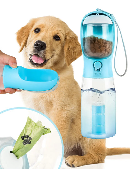3In1 Pet Water Bottle with Built-In Filtration - 20Oz Leak-Proof Design Container, Easy-To-Use, Built-In Poop Bag Dispenser, Food Storage, Ideal for Travel, Hiking (Dog & Cat Feeding Supplies)