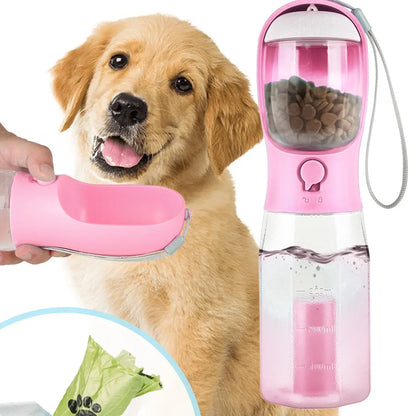 3In1 Pet Water Bottle with Built-In Filtration - 20Oz Leak-Proof Design Container, Easy-To-Use, Built-In Poop Bag Dispenser, Food Storage, Ideal for Travel, Hiking (Dog & Cat Feeding Supplies)