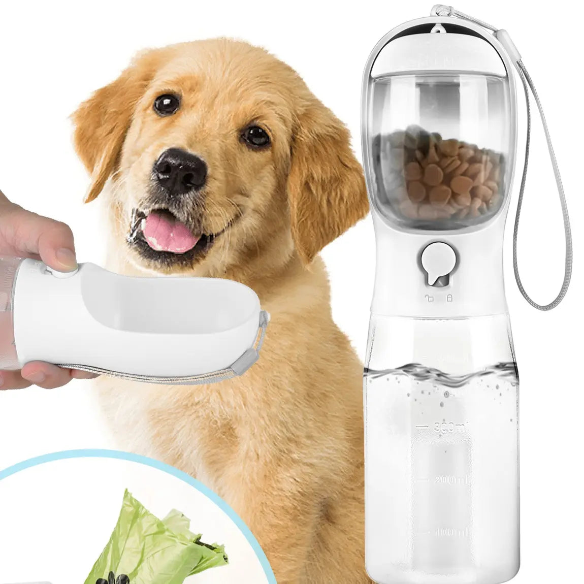 3In1 Pet Water Bottle with Built-In Filtration - 20Oz Leak-Proof Design Container, Easy-To-Use, Built-In Poop Bag Dispenser, Food Storage, Ideal for Travel, Hiking (Dog & Cat Feeding Supplies)